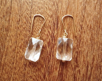 Faceted rock crystal earrings with solid 14k gold wires, Rectangular cushion cut quartz crystal drops, Simple sparkly quartz dangles