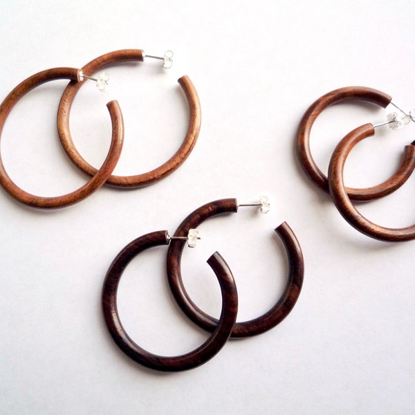 Exotic wood hoop earrings with solid sterling silver posts and backs