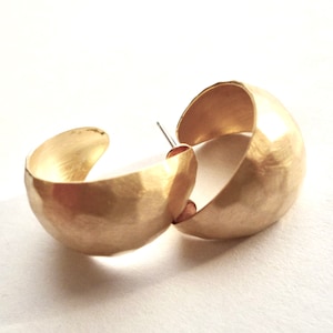 Hammered brass hoop earrings with sterling silver post, Small wide tapered stud in a shiny, matte or antiqued matte finish