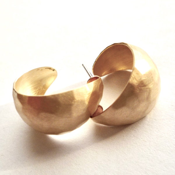 Hammered brass hoop earrings with sterling silver post, Small wide tapered stud in a shiny, matte or antiqued matte finish