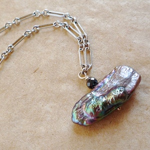 Unique black freshwater keshi pearl and spinel necklace on solid sterling silver chain, Unusual OOAK black pearl pendant