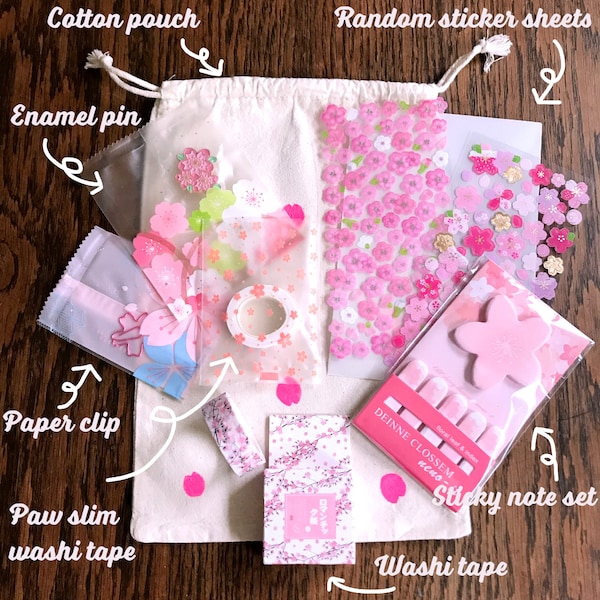 Cherry blossom stationery set in cotton drawstring bag - 6 cute items in reusable cotton pouch - ready to gift