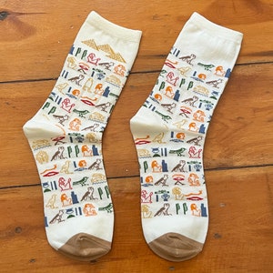 Egyptology socks with Egyptian hieroglyphs and pyramid pattern