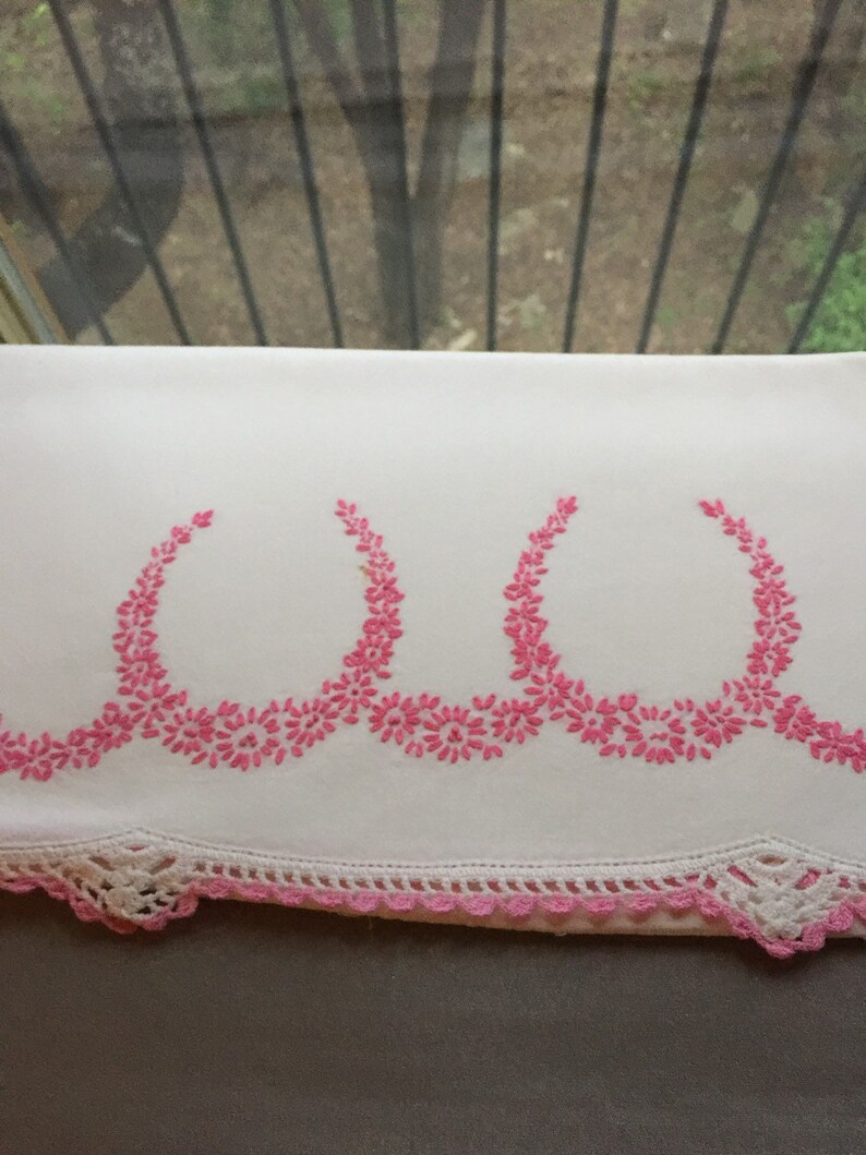 Vintage pillowcase with embroidery flowers pink garlands pink crocket trim embroidered pillowcase