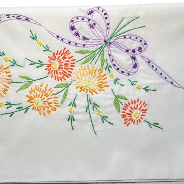 Vintage embroidered pillowcase white  cotton with purple ribbon beautiful yellow flowers