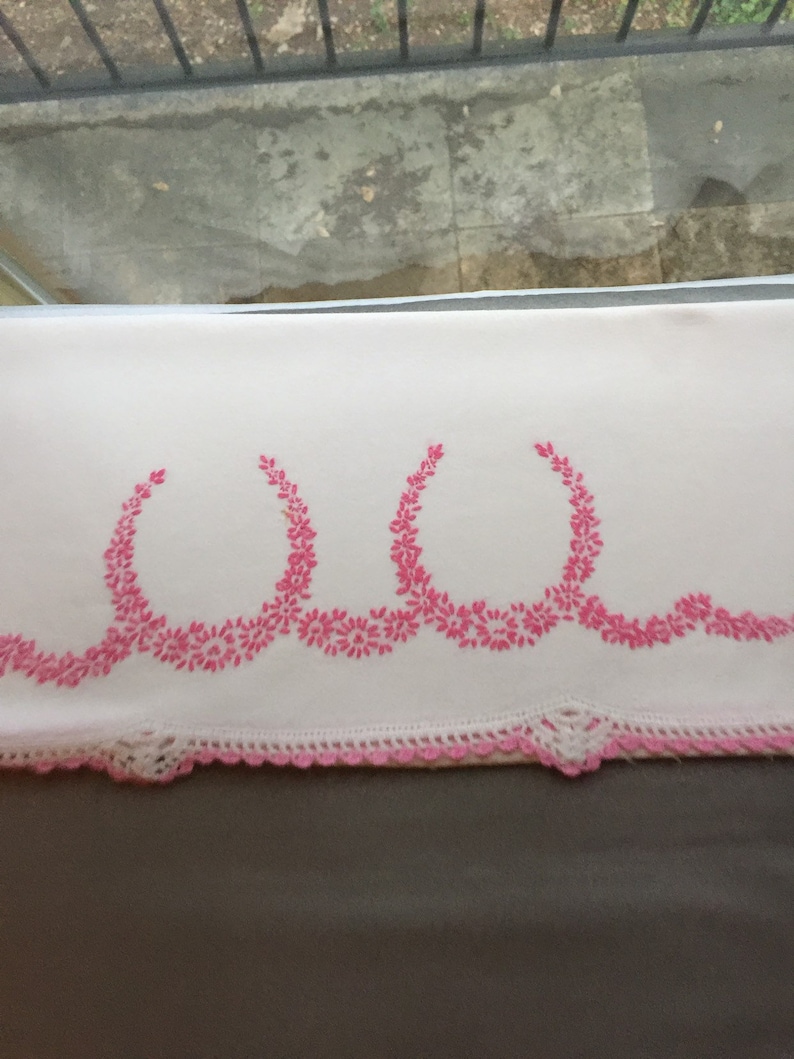 Vintage pillowcase with embroidery flowers pink garlands pink crocket trim embroidered pillowcase