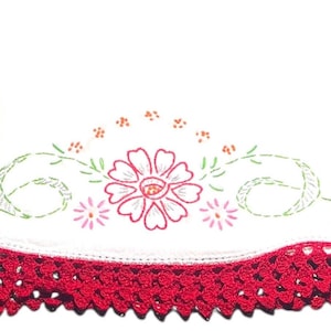 Vintage Embroidered Pillowcase: Red Flower, Green Ribbon, Red Trim