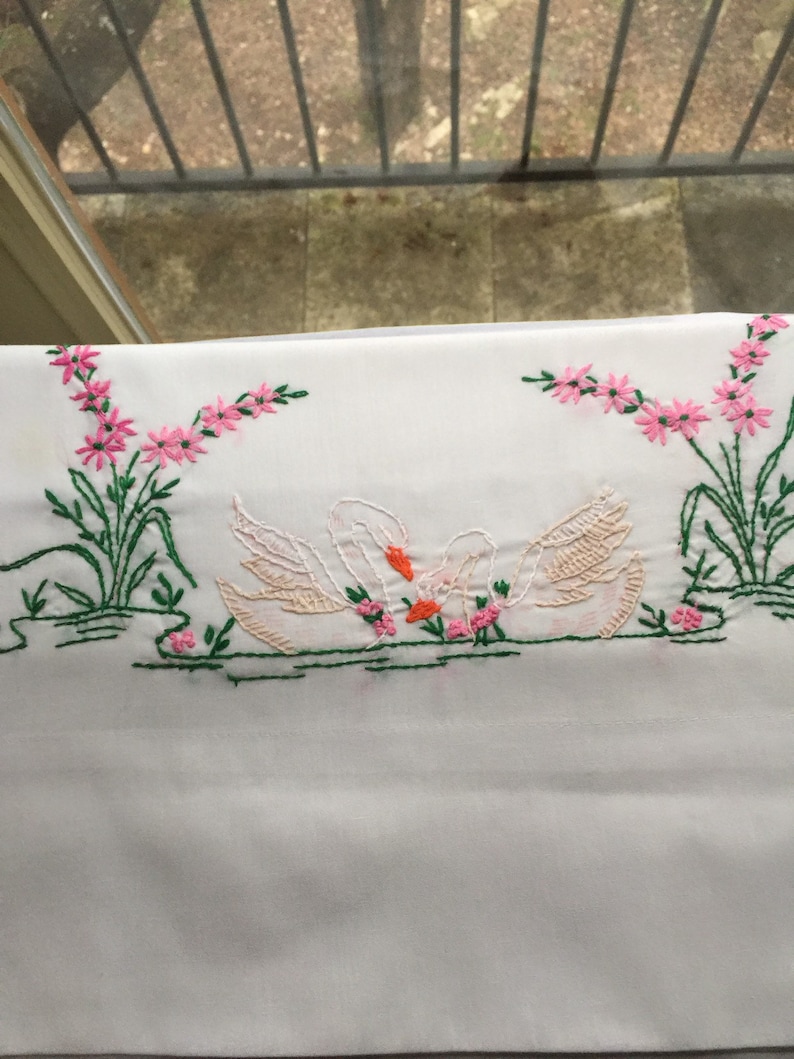 Vintage pillowcase with embroidery swans and and lilypad embroidered pillowcase 20x30