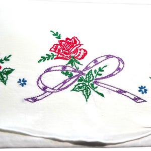 Vintage Embroidered Pillowcase: Red Roses & Purple Ribbon