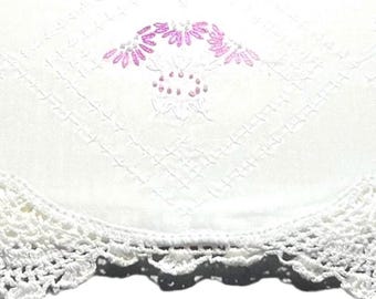 Vintage Embroidered Pillowcase: Purple Floral, White Trim