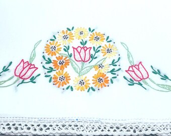 Vintage Embroidered Pillowcase  – Yellow flowers and tulips with white trim