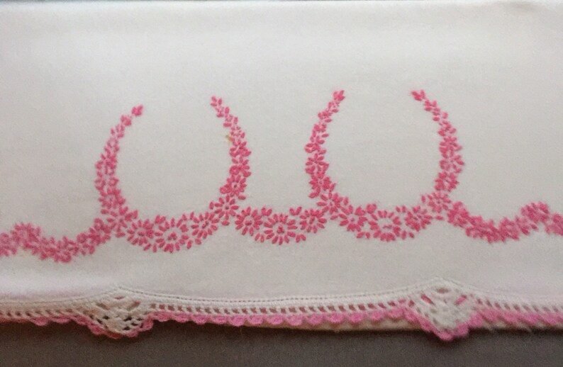 Vintage pillowcase with embroidery flowers pink garlands pink crocket trim embroidered pillowcase