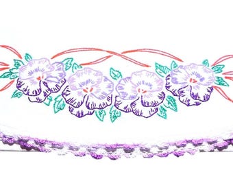 Vintage Embroidered Pillowcase  Pansies on White Cotton with ribbon