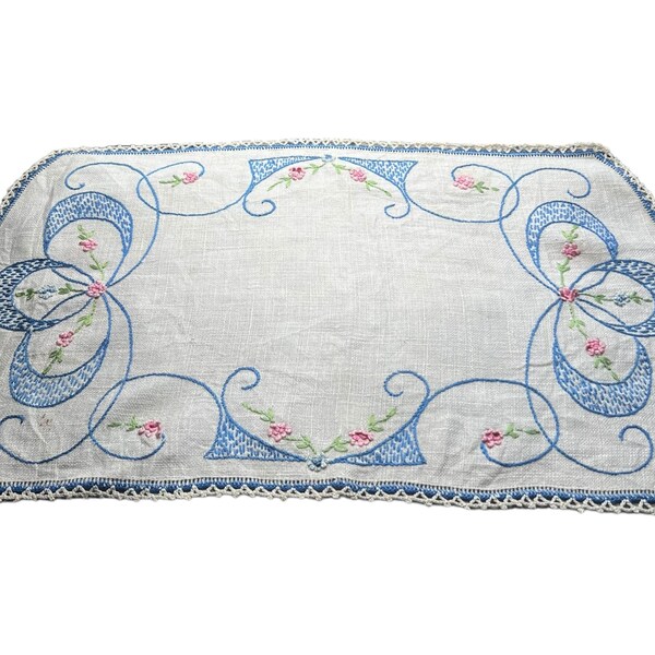 Table runner Vintage blue and white bow with pink flowers   embroidery is good and would make cute pillow or scarf  on small table 18x10