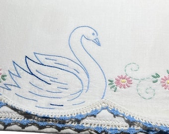 Vintage embroidered pillowcase with blue  pair of swans and and lilypad embroidered pillowcase blue trim pink flowers beautiful