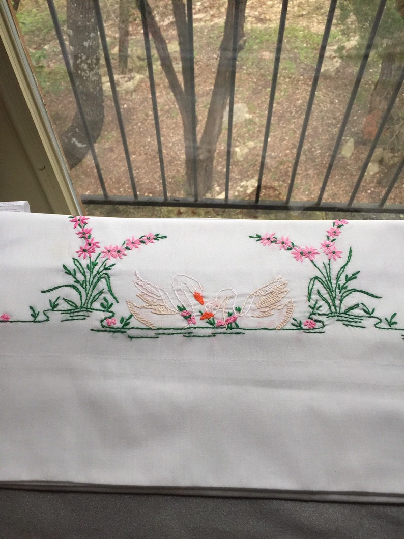 Vintage pillowcase with embroidery swans and and lilypad embroidered pillowcase 20x30
