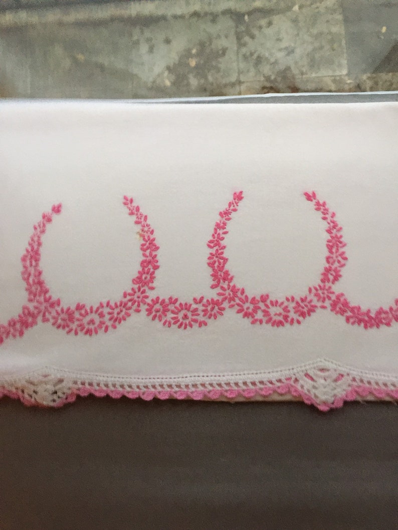 Vintage pillowcase with embroidery flowers pink garlands pink crocket trim embroidered pillowcase