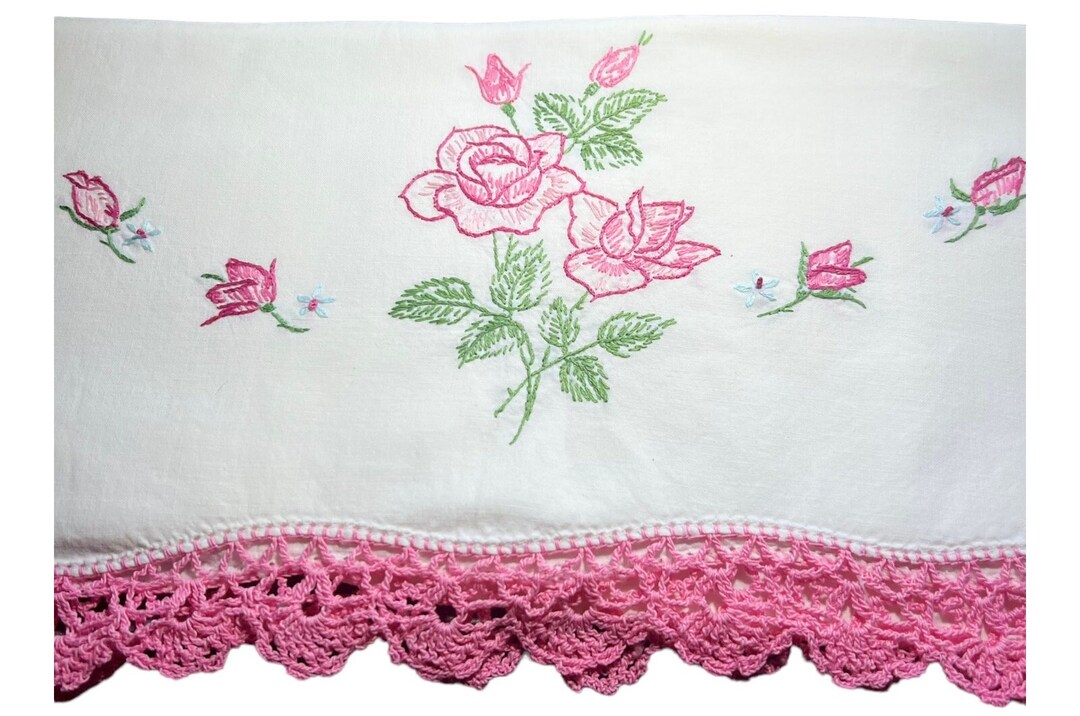 Vintage Pillowcase With Embroidered Pillowcase With Pink Rose and