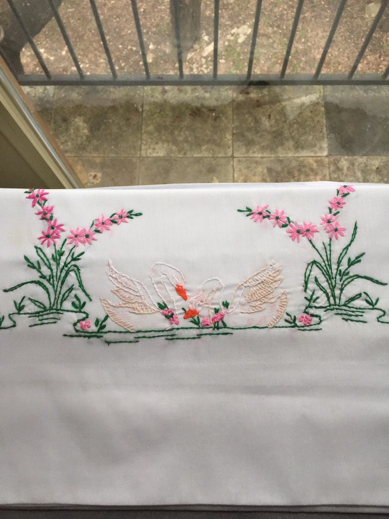 Vintage pillowcase with embroidery swans and and lilypad embroidered pillowcase 20x30