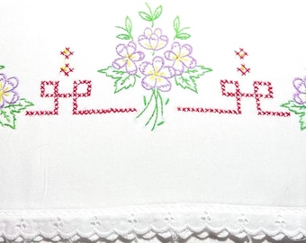 Vintage Embroidered Pillowcase: Purple Floral Bouquet, White Trim