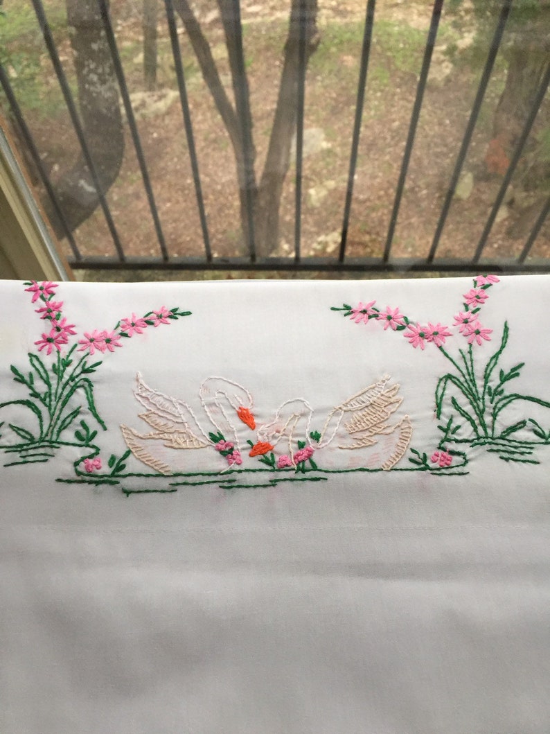 Vintage pillowcase with embroidery swans and and lilypad embroidered pillowcase 20x30