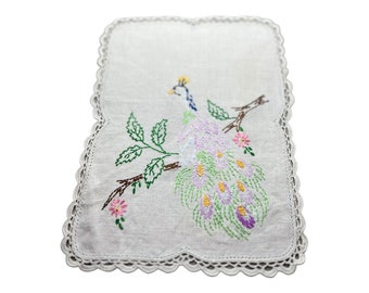 Vintage doilies white 12 inch embroidered doily beautiful peacock  no holes beautiful trim  for vanity or tray, lamp,vanity quality linen