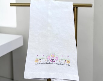 Vintage Linen Hand Towel Embroidered Floral  pink  flowers design