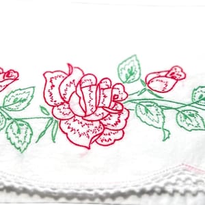 Vintage Cotton Pillowcases: Hand Embroidered Red Roses, White Trim