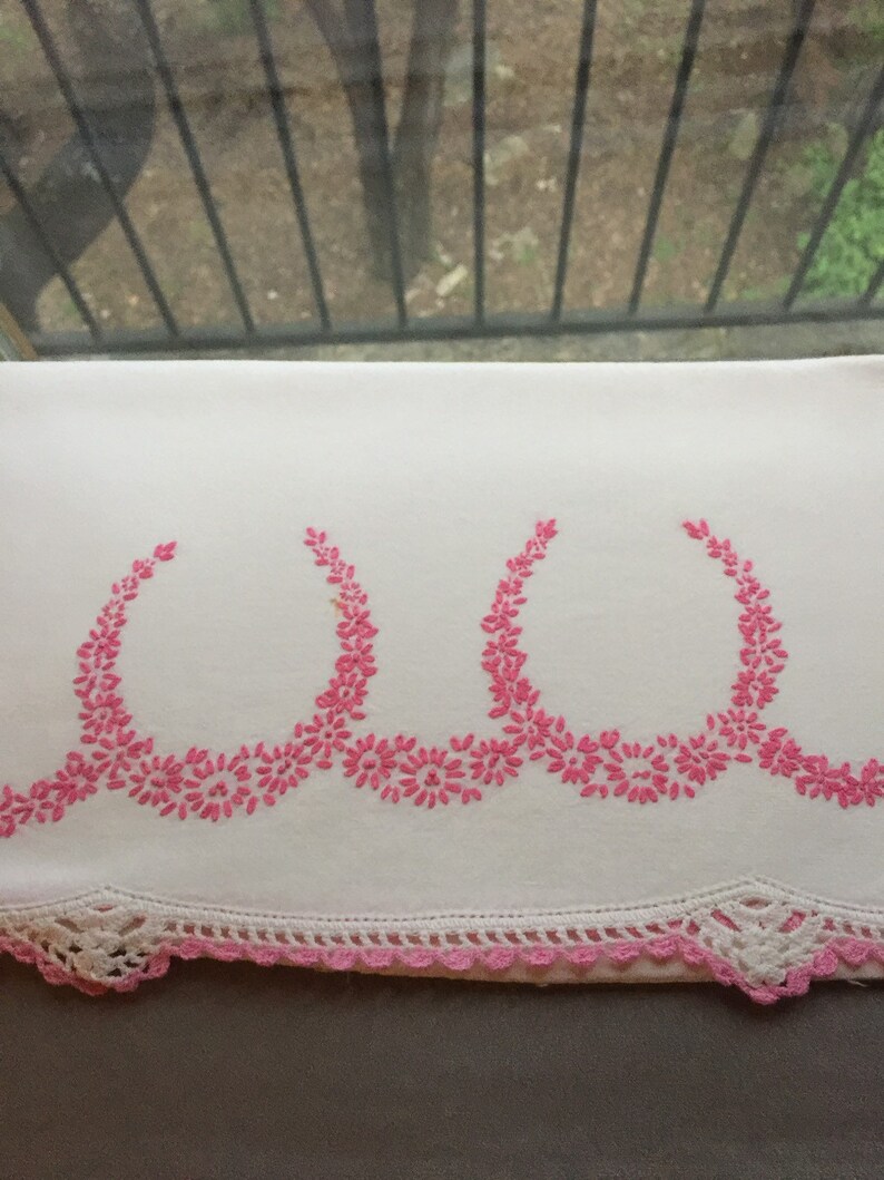 Vintage pillowcase with embroidery flowers pink garlands pink crocket trim embroidered pillowcase