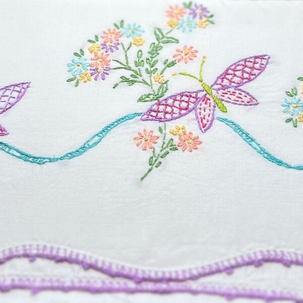 Vintage embroidered pillowcase with embroidery purple pink and yellow dragon flies embroidered pillowcase cotton with purple trim