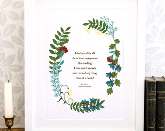 Jane Austen Art Poster Print, Book Reading Quote, No enjoyment like reading, Quote, Book Lover, Bookish, Reader Gift, Decor, Readers, Books