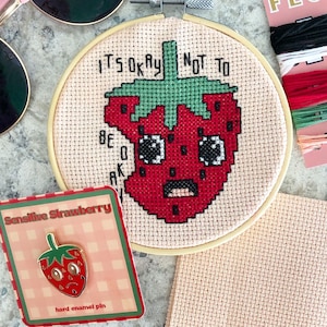 Sensitive Strawberry Cross Stitch Kit & Enamel Pin | CSWC Collab | Summer Fruit DIY Craft Kit