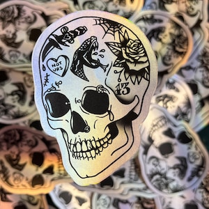 Matte Holographic Tattooed Skull Vinyl Sticker | Tattoo Skull Holo Rainbow Sticker