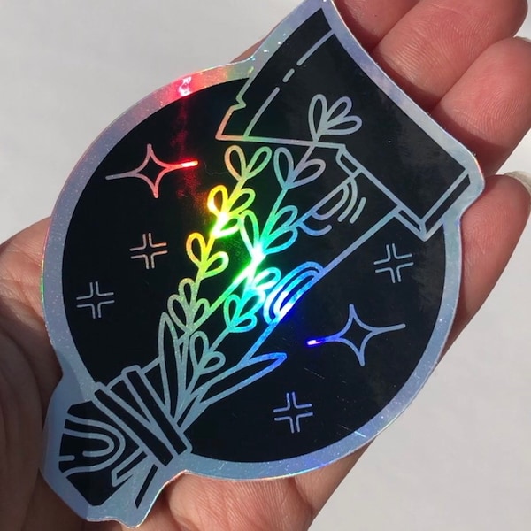 Lavender Hatchet Vinyl Sticker | 3 inch Rainbow Holographic Axe Sticker | Flowers Phoebe Bridgers Smoke Signals