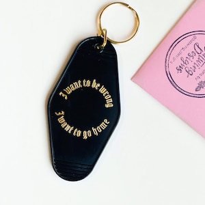 I Want To Go Home Black Motel Keychain | Phoebe Bridgers Chinese Satellite inspired hotel keychain gold foil vintage retro style key tag