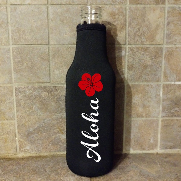 Aloha Hibiscus Flower Hawaiian Black Glass Bottle Cooler