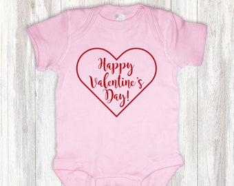 Happy Valentine's Day Heart Pink Rabbit Skins Baby Short Sleeve Bodysuit
