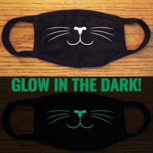 Glow In The Dark Cat Face With Whiskers Black Cloth Child Kids Reusable Washable Face Mask