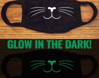 Glow In The Dark Cat Face With Whiskers Black Cloth Child Kids Reusable Washable Face Mask