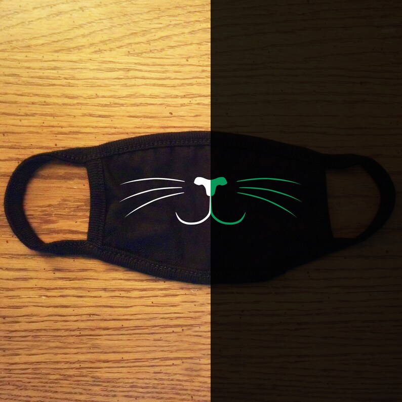 Glow In The Dark Cat Face With Whiskers Black Cloth Child Kids Reusable Washable Face Mask image 4