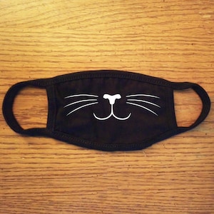 Glow In The Dark Cat Face With Whiskers Black Cloth Child Kids Reusable Washable Face Mask image 2
