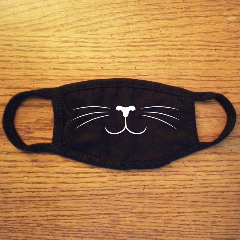 Glow In The Dark Cat Face With Whiskers Black Cloth Child Kids Reusable Washable Face Mask image 2