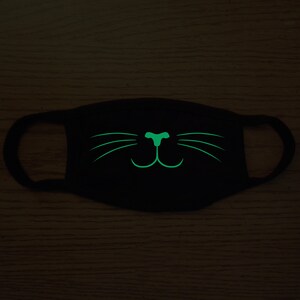 Glow In The Dark Cat Face With Whiskers Black Cloth Child Kids Reusable Washable Face Mask image 3