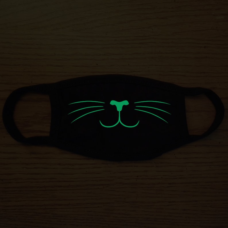 Glow In The Dark Cat Face With Whiskers Black Cloth Child Kids Reusable Washable Face Mask image 3