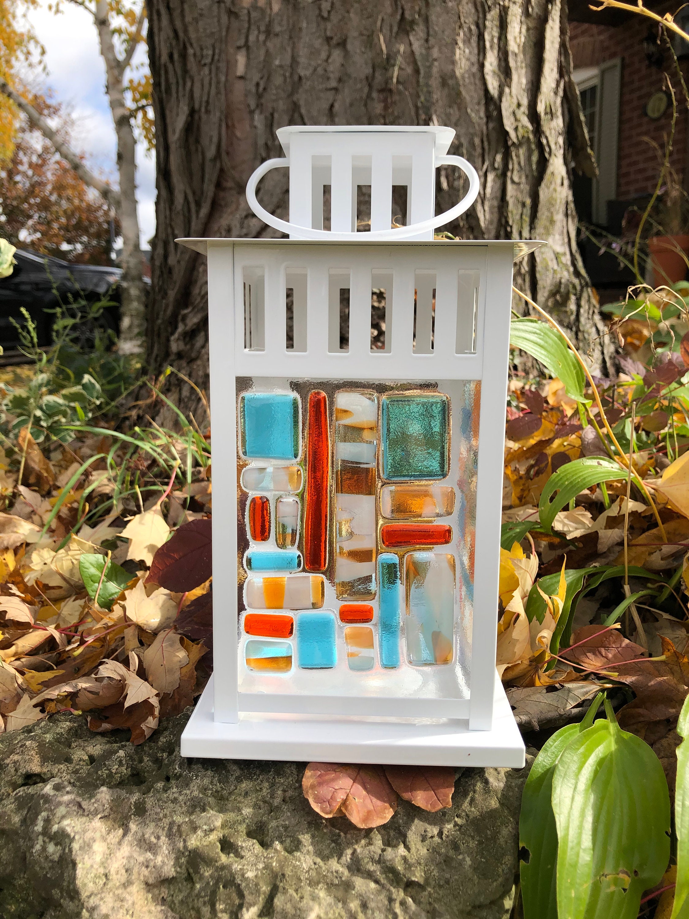 Orange/Blue/White Mosaic Lantern with Candle Etsy