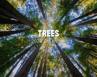 May include: An upward view of towering trees with a dense canopy of green foliage. The words "TREES 2026 CALENDAR" are displayed in white. The image evokes a sense of height and natural beauty, perfect for a calendar.