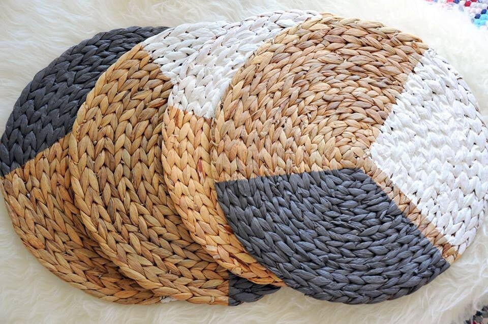 Straw Placemats geometric white and grey set4 / Woven straw Etsy