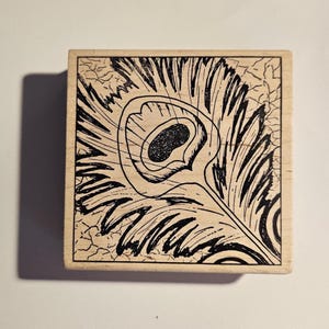 Könnte beinhalten: Quadratischer Holzstempel mit einer schwarz-weißen Illustration einer Pfauenfeder. Die Feder hat ein detailliertes Auge und Widerhaken. Der Hintergrund hat einen strukturierten, rissigen Effekt. Der Stempel ist aus Holz.
