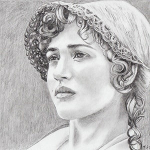 May include: A black and white pencil drawing of a woman with curly hair wearing a white bonnet. The woman is looking to the right and has a serious expression on her face.