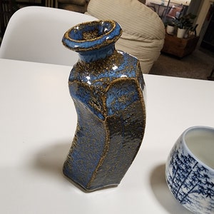 Japanese Vintage Hexagonal Sake Bottle/ Slanted Bottle with Flambé Blue Gray High fired Glaze
